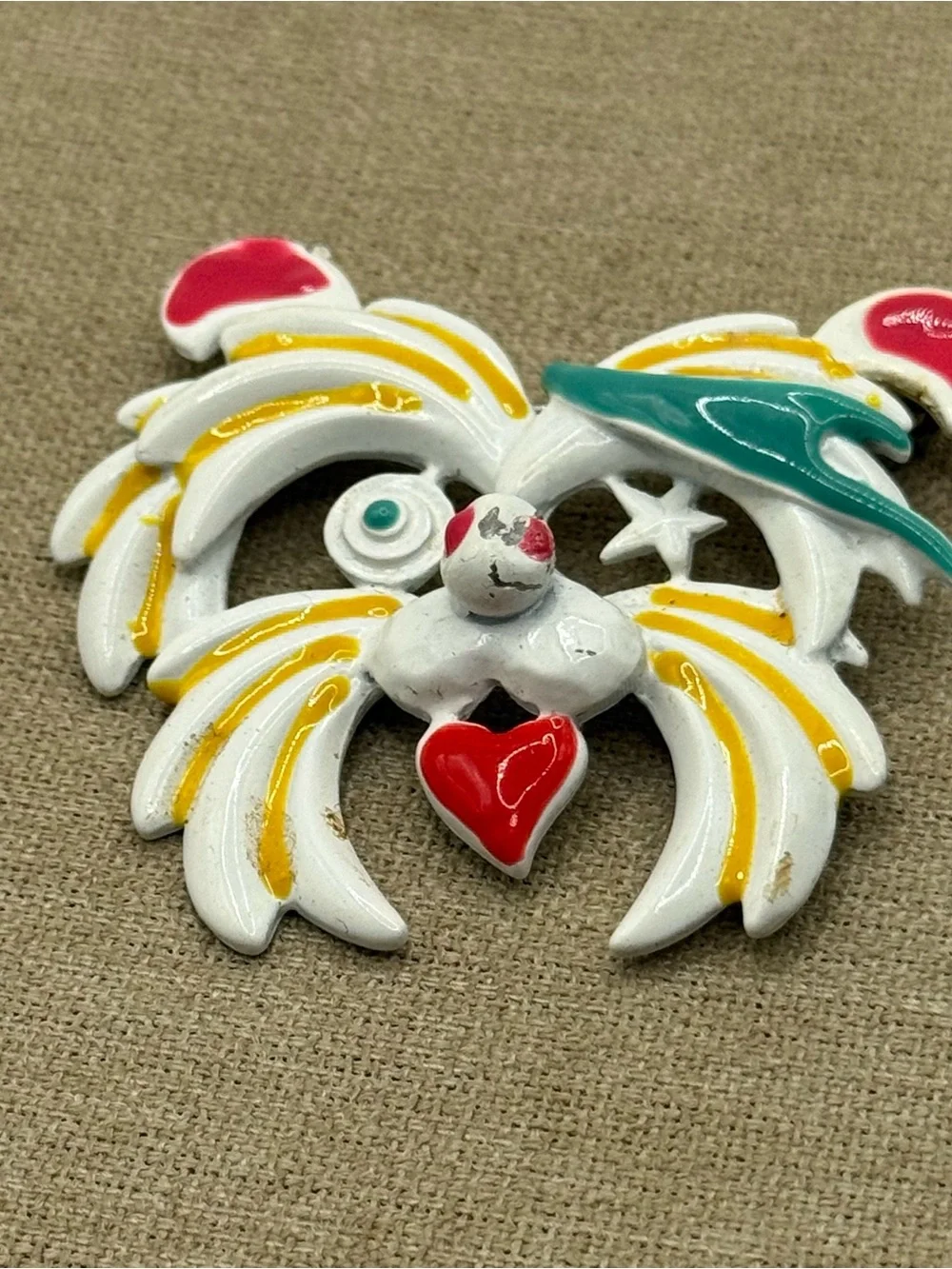 vintage White Enamel Heart Accent dog Brooch with Yellow and Red Details
